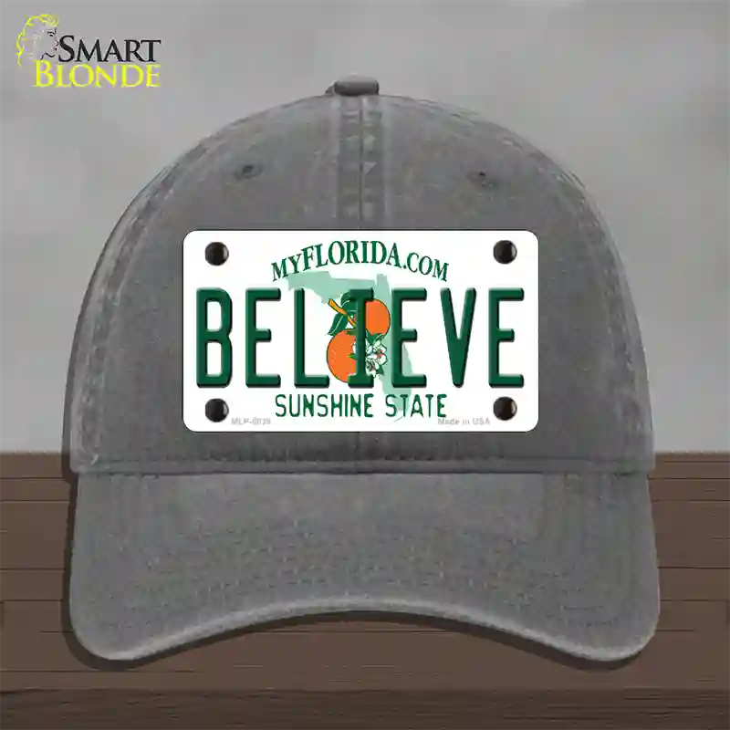 Believe Florida Novelty License Plate Hat Unconstructed Cotton / Charcoal