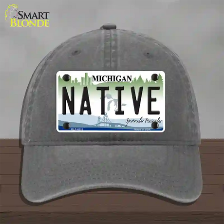 Native Michigan Novelty License Plate Hat Unconstructed Cotton / Charcoal