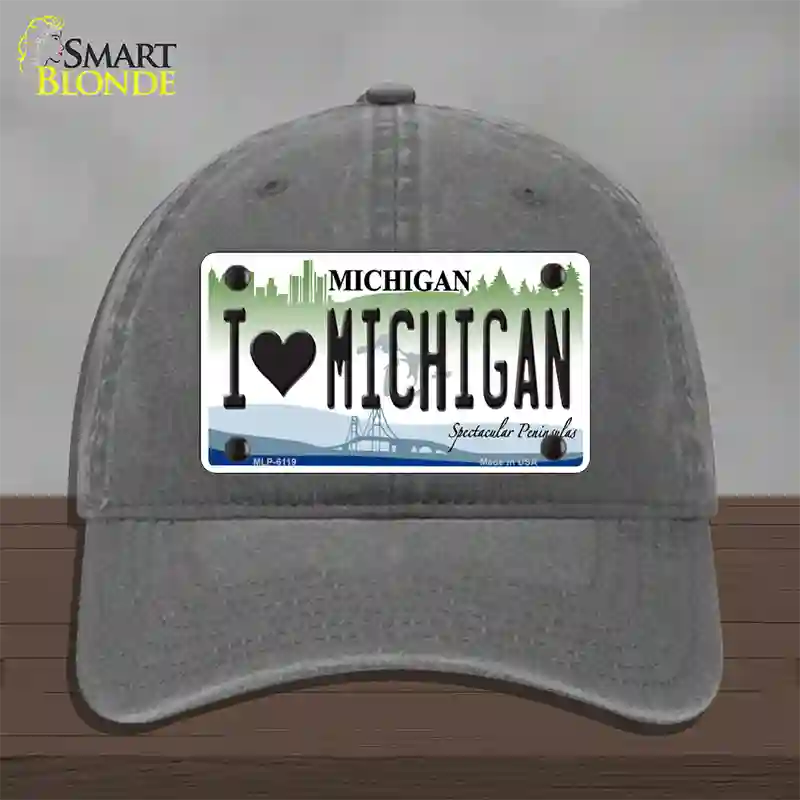 I Love Michigan Novelty License Plate Hat Unconstructed Cotton / Charcoal