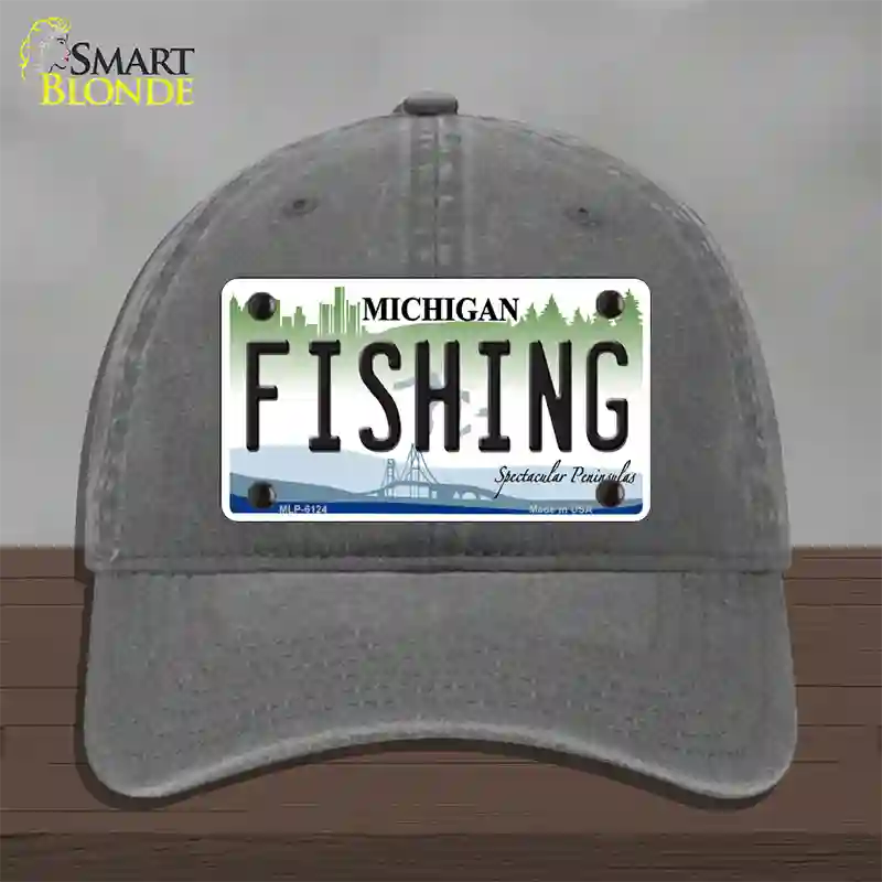 Fishing Michigan Novelty License Plate Hat Unconstructed Cotton / Charcoal