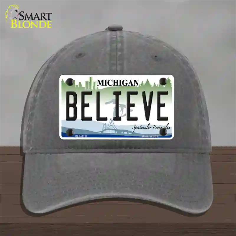 Believe Michigan Novelty License Plate Hat Unconstructed Cotton / Charcoal