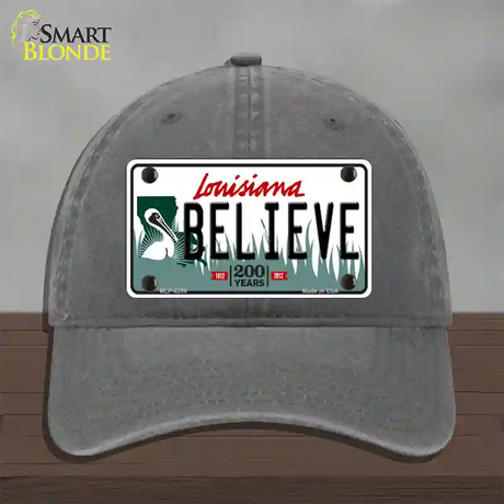 Believe Louisiana Novelty License Plate Hat Unconstructed Cotton / Charcoal