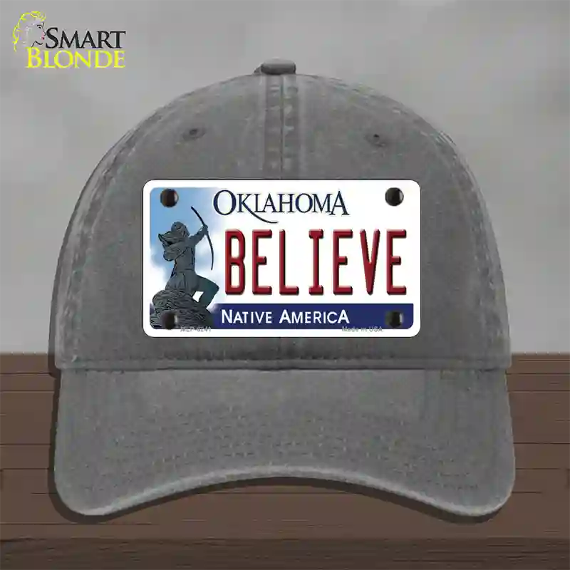 Believe Oklahoma Novelty License Plate Hat Unconstructed Cotton / Charcoal