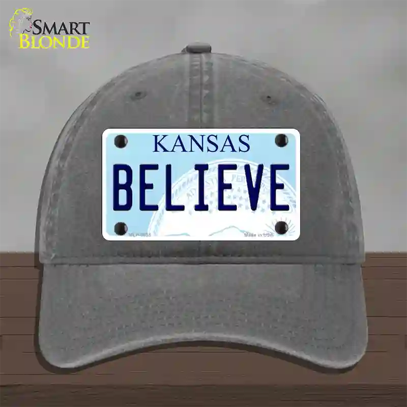 Believe Kansas Novelty License Plate Hat Unconstructed Cotton / Charcoal