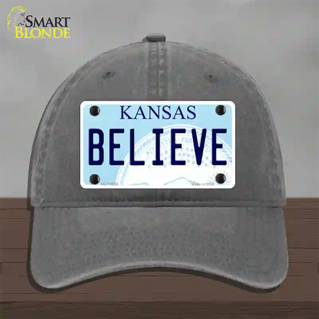 Believe Kansas Novelty License Plate Hat Unconstructed Cotton / Charcoal