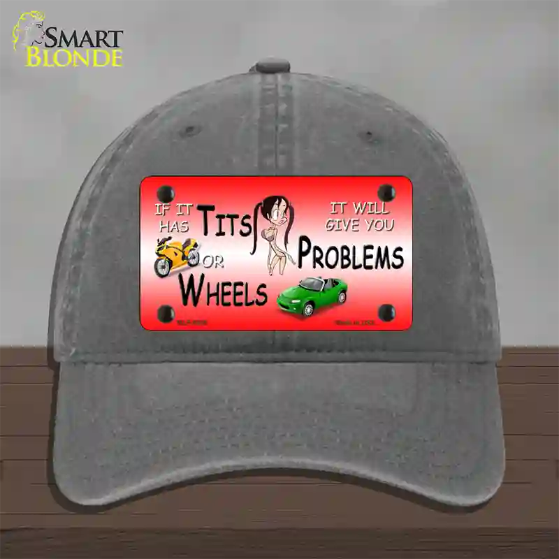 Tits Or Wheels Red Novelty License Plate Hat Unconstructed Cotton / Charcoal