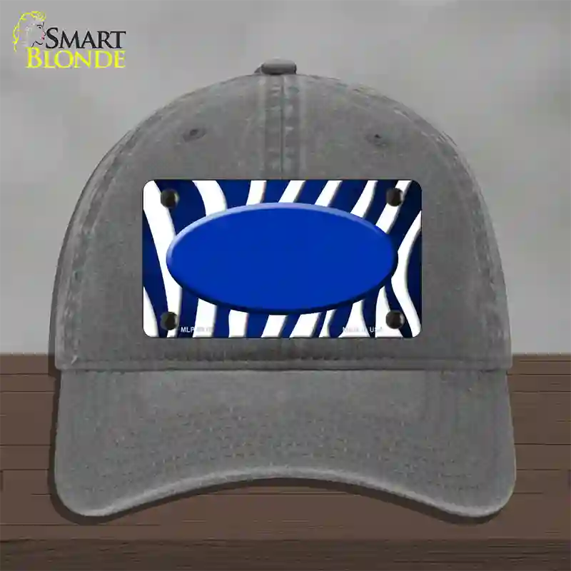 Blue White Zebra Oval Oil Rubbed Novelty License Plate Hat Unconstructed Cotton / Charcoal