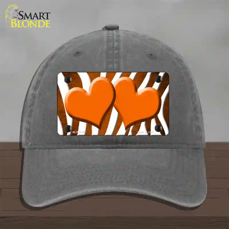 Orange White Zebra Hearts Oil Rubbed Novelty License Plate Hat Unconstructed Cotton / Charcoal