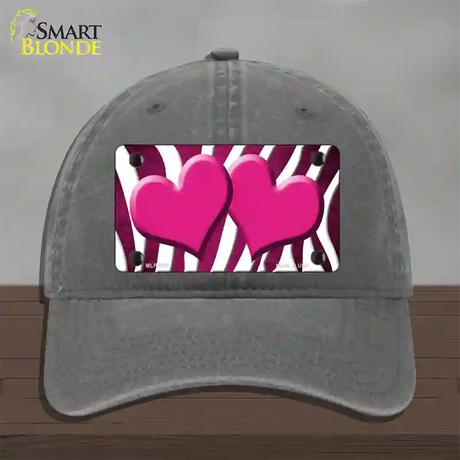 Pink White Zebra Hearts Oil Rubbed Novelty License Plate Hat Unconstructed Cotton / Charcoal