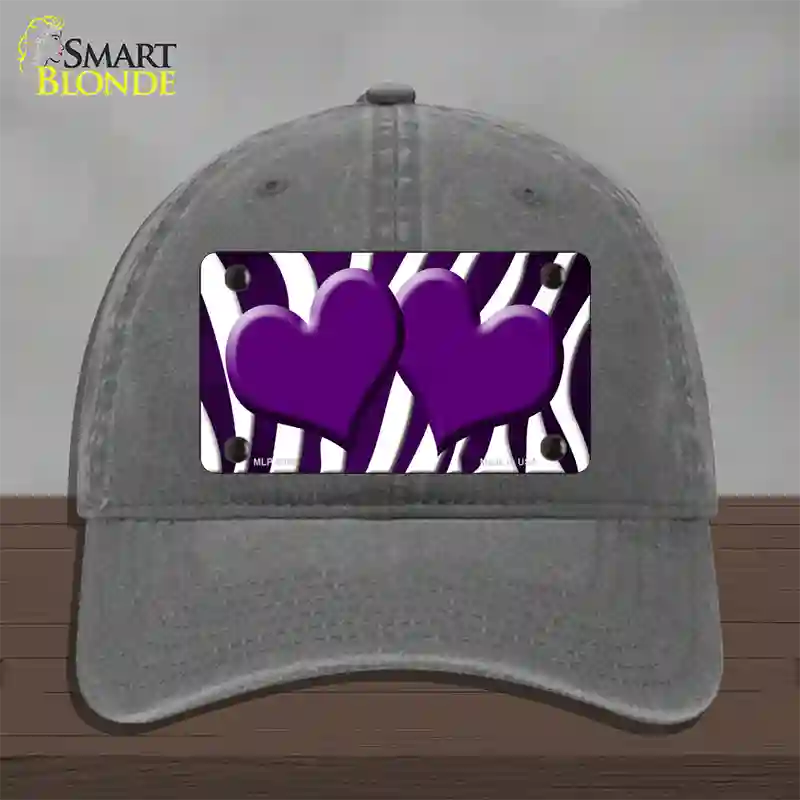 Purple White Zebra Hearts Oil Rubbed Novelty License Plate Hat Unconstructed Cotton / Charcoal