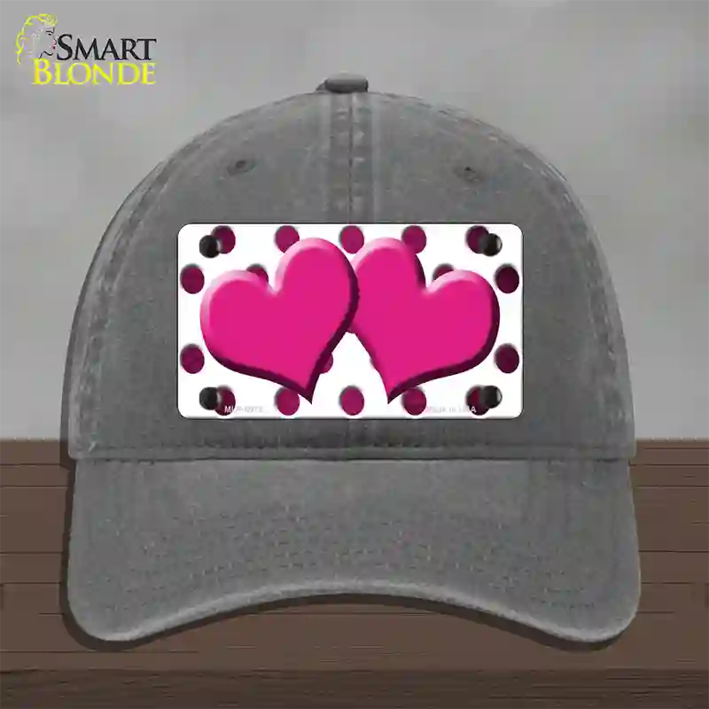 Pink White Dots Hearts Oil Rubbed Novelty License Plate Hat Unconstructed Cotton / Charcoal