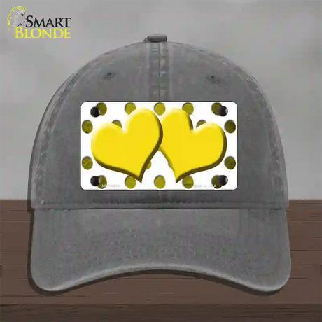 Yellow White Dots Hearts Oil Rubbed Novelty License Plate Hat Unconstructed Cotton / Charcoal