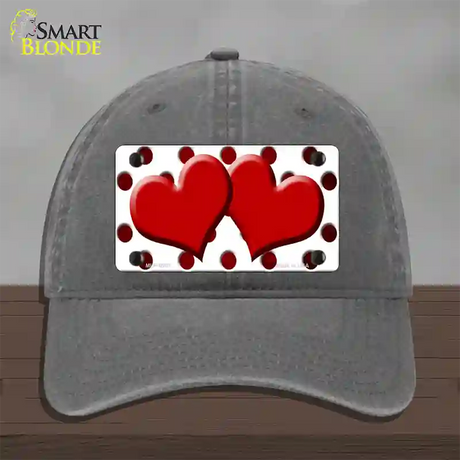 Red White Dots Hearts Oil Rubbed Novelty License Plate Hat Unconstructed Cotton / Charcoal