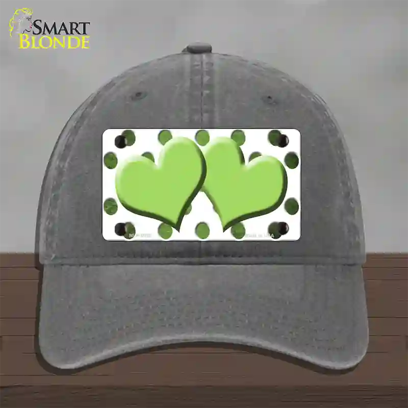 Lime Green White Dots Hearts Oil Rubbed Novelty License Plate Hat Unconstructed Cotton / Charcoal