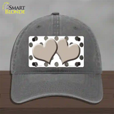 Tan White Dots Hearts Oil Rubbed Novelty License Plate Hat Unconstructed Cotton / Charcoal