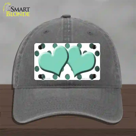 Mint White Dots Hearts Oil Rubbed Novelty License Plate Hat Unconstructed Cotton / Charcoal