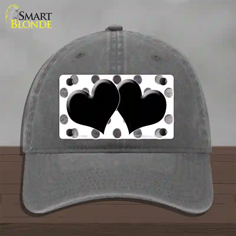 Black White Dots Hearts Oil Rubbed Novelty License Plate Hat Unconstructed Cotton / Charcoal