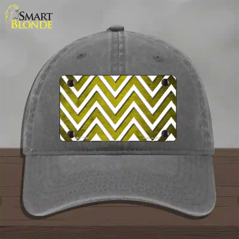 Yellow White Chevron Oil Rubbed Novelty License Plate Hat Unconstructed Cotton / Charcoal