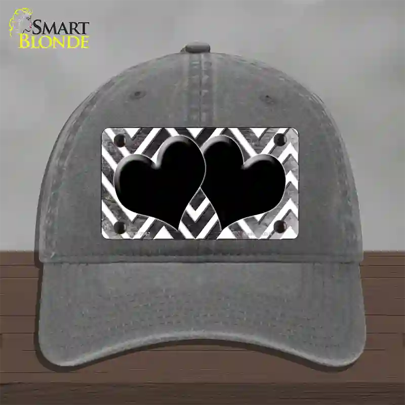 Black White Hearts Chevron Oil Rubbed Novelty License Plate Hat Unconstructed Cotton / Charcoal