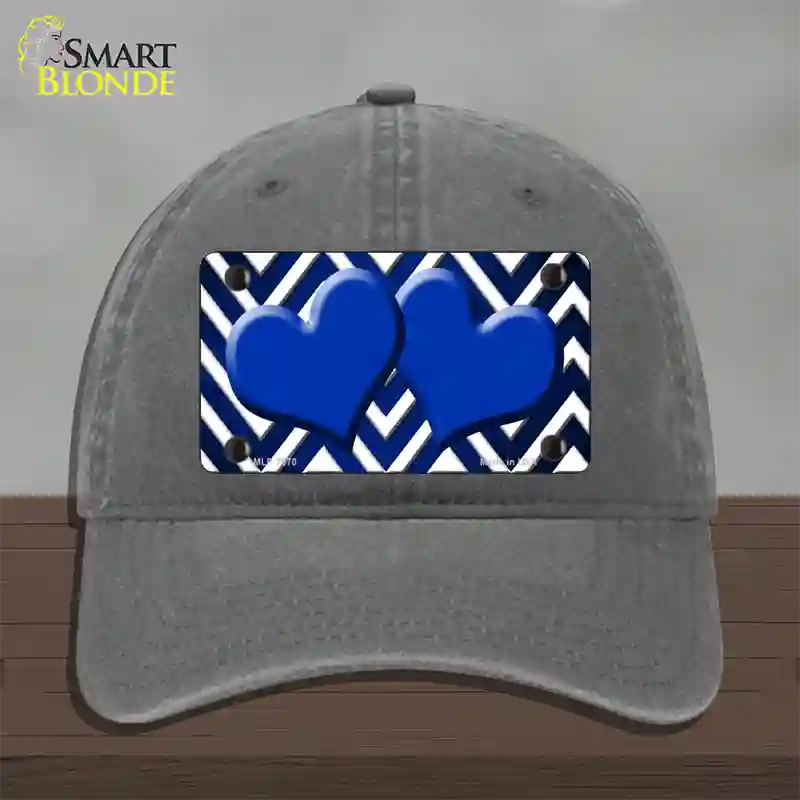 Blue White Hearts Chevron Oil Rubbed Novelty License Plate Hat Unconstructed Cotton / Charcoal