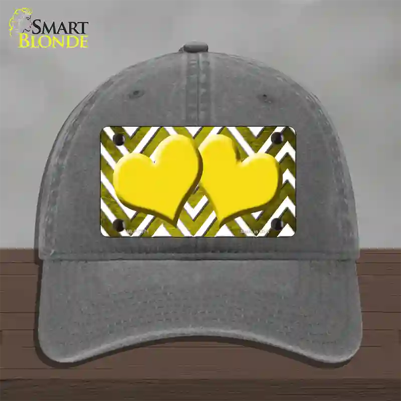 Yellow White Hearts Chevron Oil Rubbed Novelty License Plate Hat Unconstructed Cotton / Charcoal