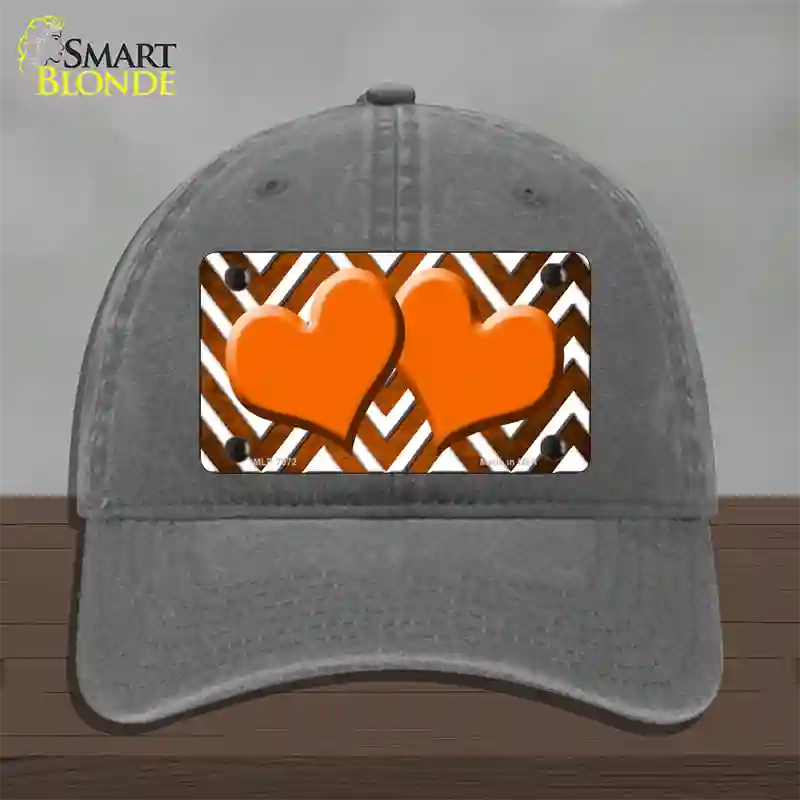 Orange White Hearts Chevron Oil Rubbed Novelty License Plate Hat Unconstructed Cotton / Charcoal