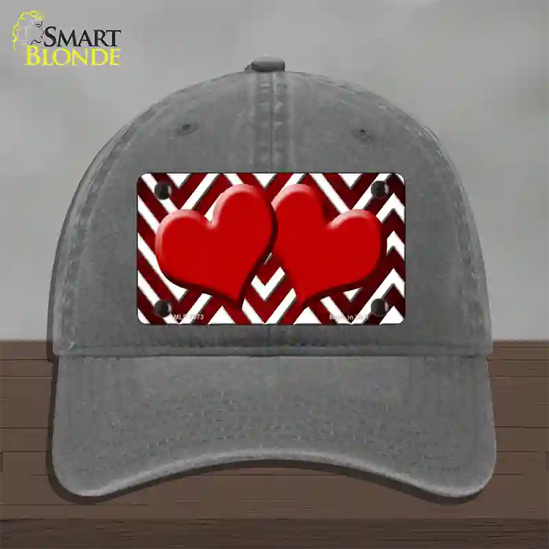 Red White Hearts Chevron Oil Rubbed Novelty License Plate Hat Unconstructed Cotton / Charcoal