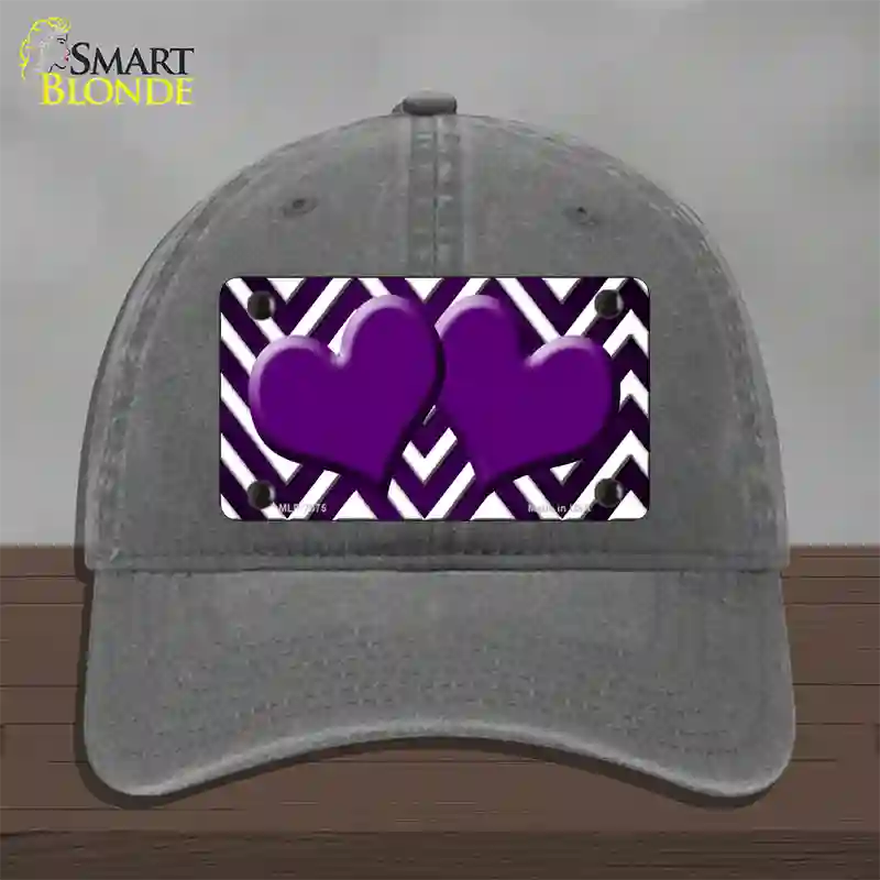 Purple White Hearts Chevron Oil Rubbed Novelty License Plate Hat Unconstructed Cotton / Charcoal