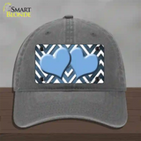 Light Blue White Hearts Chevron Oil Rubbed Novelty License Plate Hat Unconstructed Cotton / Charcoal