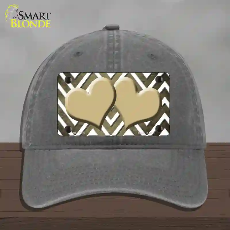 Gold White Hearts Chevron Oil Rubbed Novelty License Plate Hat Unconstructed Cotton / Charcoal