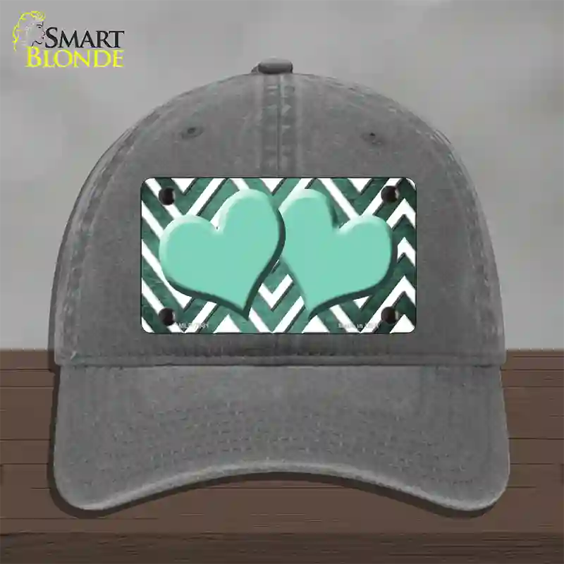 Mint White Hearts Chevron Oil Rubbed Novelty License Plate Hat Unconstructed Cotton / Charcoal