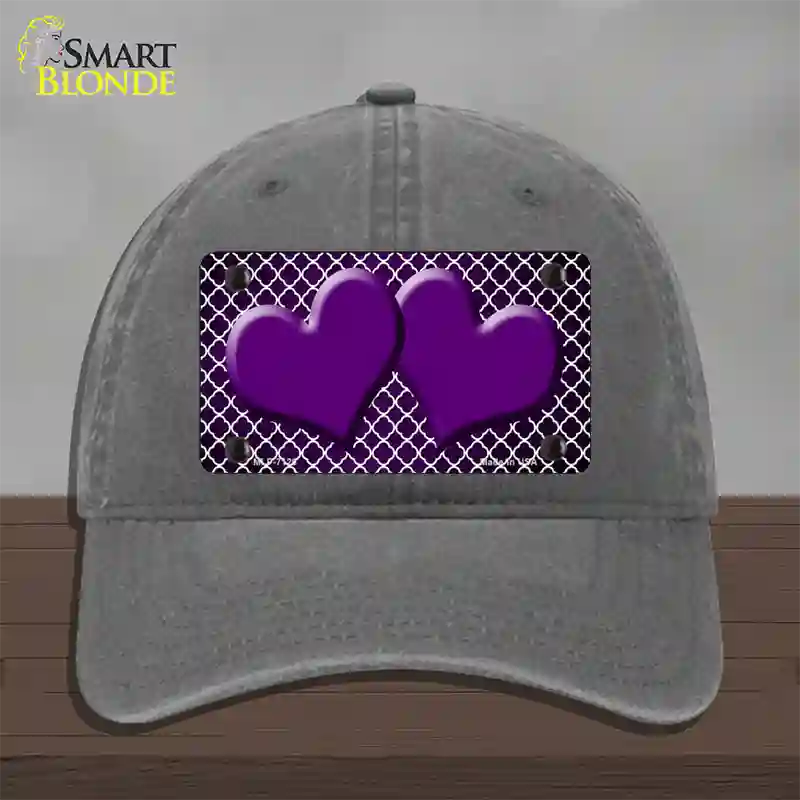 Purple White Quatrefoil Hearts Oil Rubbed Novelty License Plate Hat Unconstructed Cotton / Charcoal