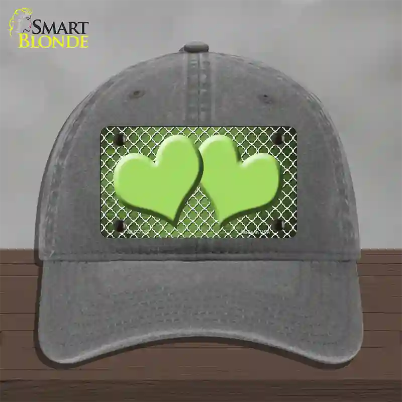 Lime Green White Quatrefoil Hearts Oil Rubbed Novelty License Plate Hat Unconstructed Cotton / Charcoal