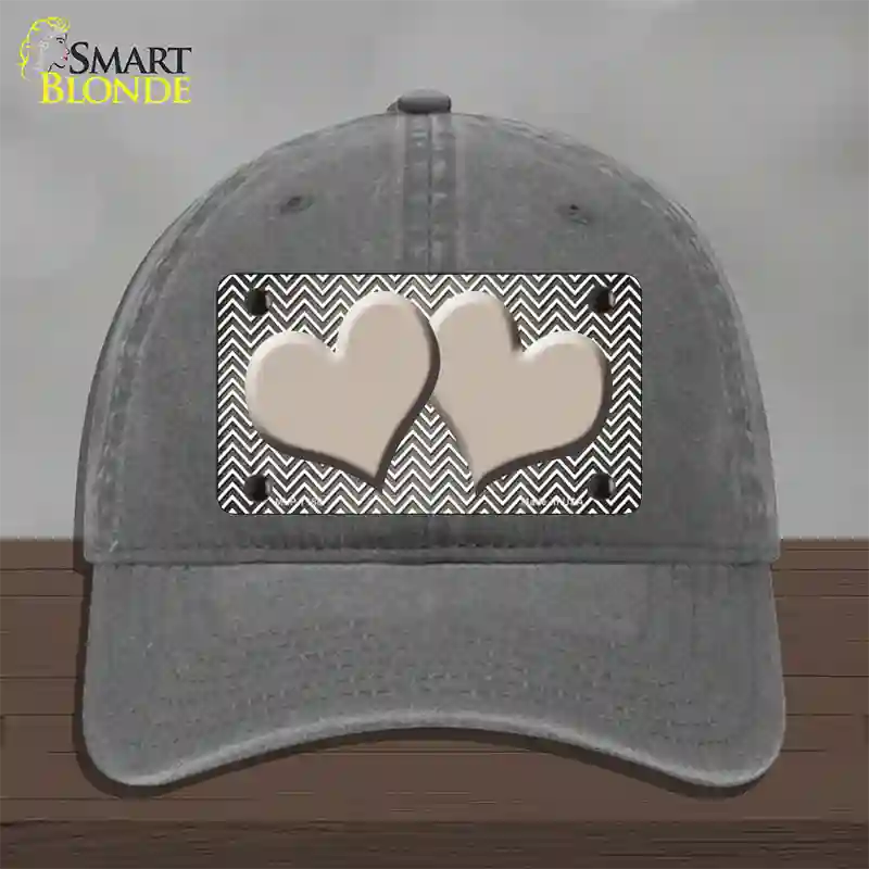 Tan White Small Chevron Hearts Oil Rubbed Novelty License Plate Hat Unconstructed Cotton / Charcoal