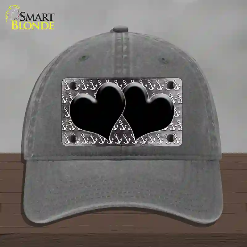 Black White Anchor Hearts Oil Rubbed Novelty License Plate Hat Unconstructed Cotton / Charcoal