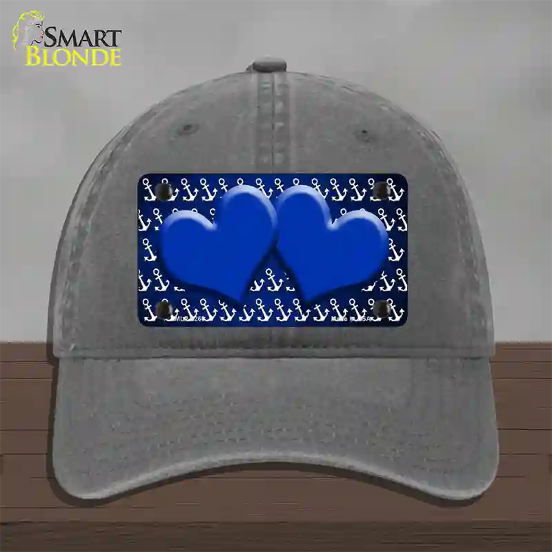 Blue White Anchor Hearts Oil Rubbed Novelty License Plate Hat Unconstructed Cotton / Charcoal