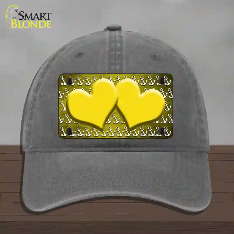 Yellow White Anchor Hearts Oil Rubbed Novelty License Plate Hat Unconstructed Cotton / Charcoal