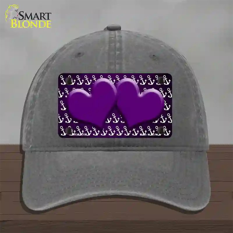 Purple White Anchor Hearts Oil Rubbed Novelty License Plate Hat Unconstructed Cotton / Charcoal