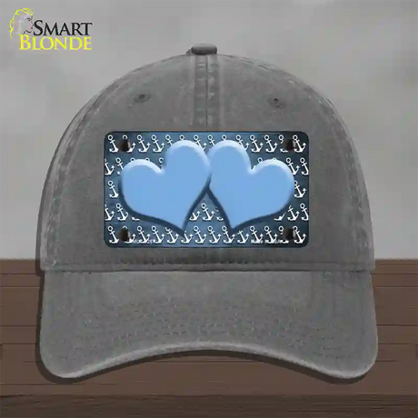 Light Blue White Anchor Hearts Oil Rubbed Novelty License Plate Hat Unconstructed Cotton / Charcoal