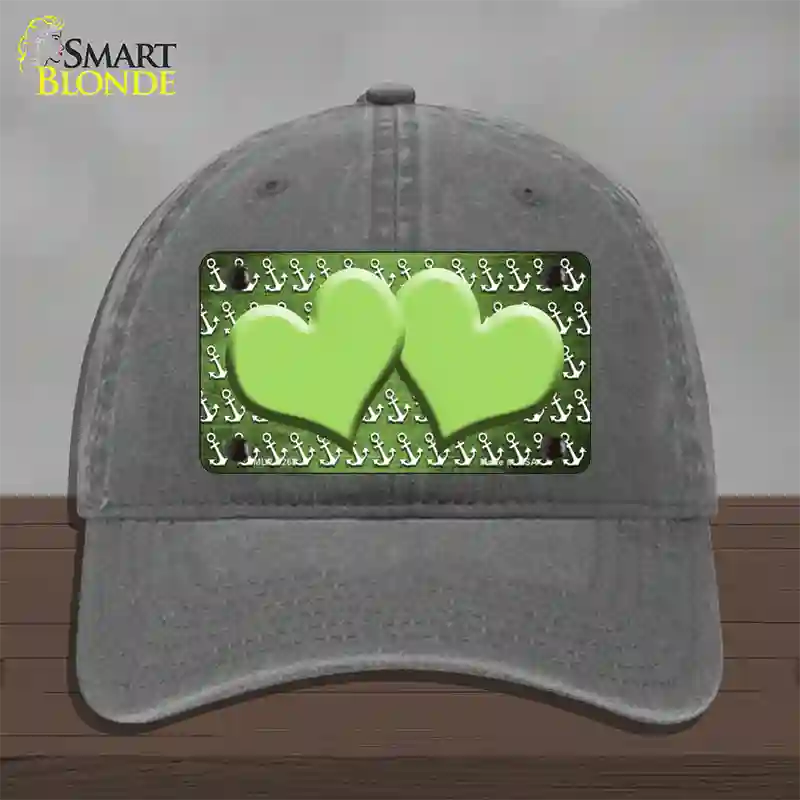 Lime Green White Anchor Hearts Oil Rubbed Novelty License Plate Hat Unconstructed Cotton / Charcoal