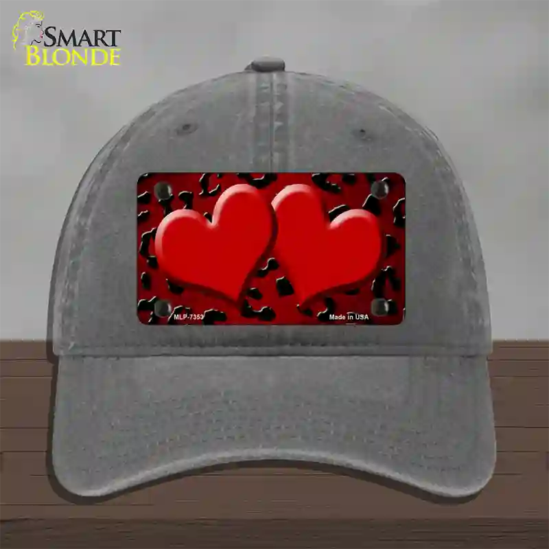 Red Black Cheetah Hearts Oil Rubbed Novelty License Plate Hat Unconstructed Cotton / Charcoal