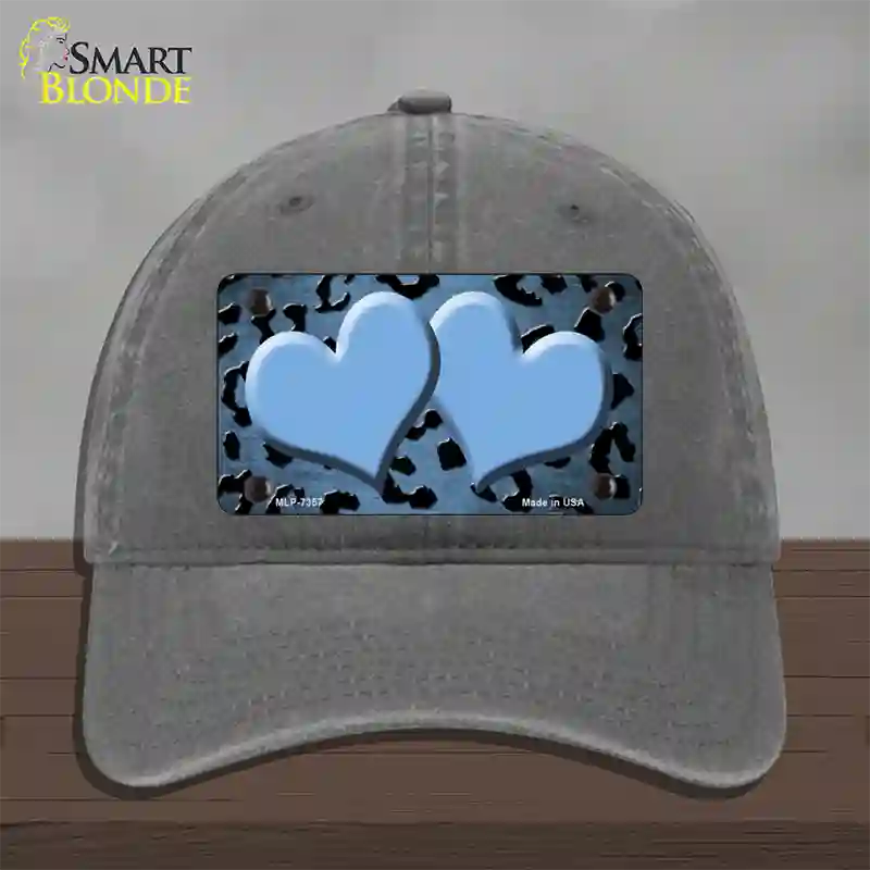 Light Blue Black Cheetah Hearts Oil Rubbed Novelty License Plate Hat Unconstructed Cotton / Charcoal