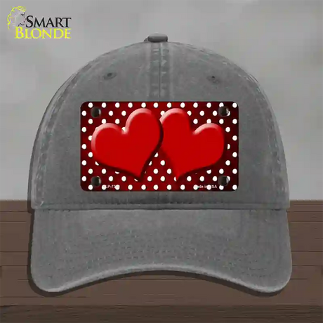 Red White Small Dots Hearts Oil Rubbed Novelty License Plate Hat Unconstructed Cotton / Charcoal