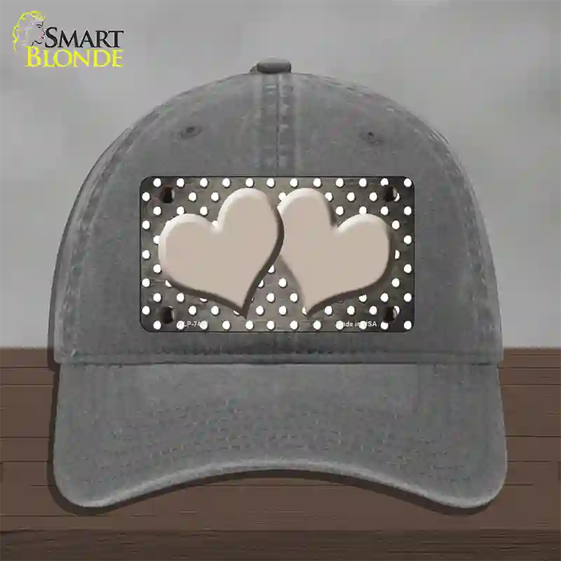 Tan White Small Dots Hearts Oil Rubbed Novelty License Plate Hat Unconstructed Cotton / Charcoal