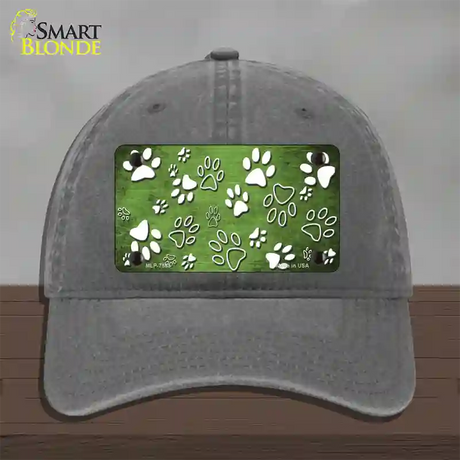 Lime Green White Paw Oil Rubbed Novelty License Plate Hat Unconstructed Cotton / Charcoal