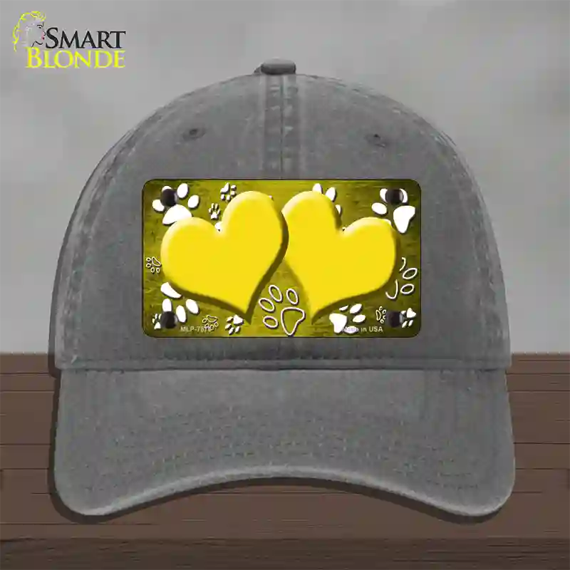 Paw Heart Yellow White Novelty License Plate Hat Unconstructed Cotton / Charcoal