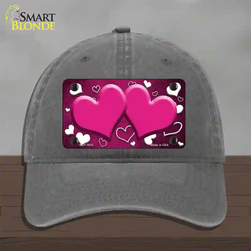 Pink White Love Hearts Oil Rubbed Novelty License Plate Hat Unconstructed Cotton / Charcoal