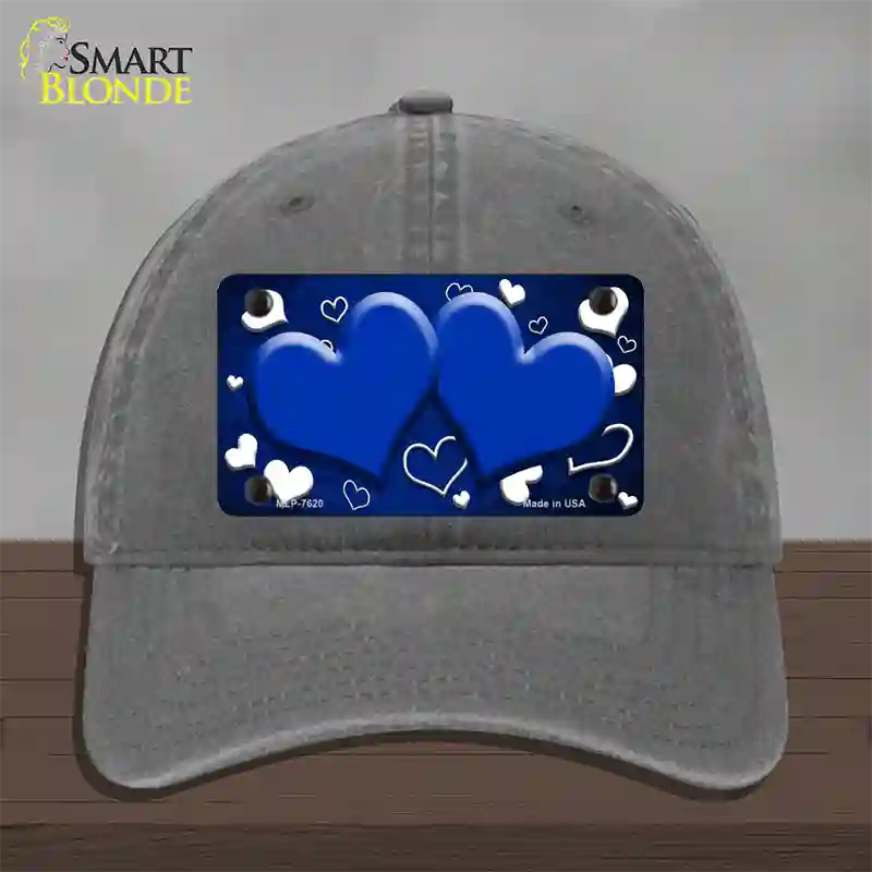 Blue White Love Hearts Oil Rubbed Novelty License Plate Hat Unconstructed Cotton / Charcoal