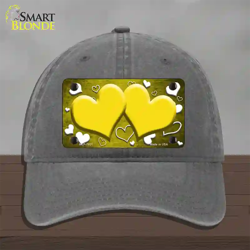 Yellow White Love Hearts Oil Rubbed Novelty License Plate Hat Unconstructed Cotton / Charcoal