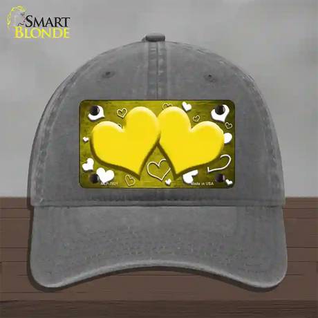 Yellow White Love Hearts Oil Rubbed Novelty License Plate Hat Unconstructed Cotton / Charcoal